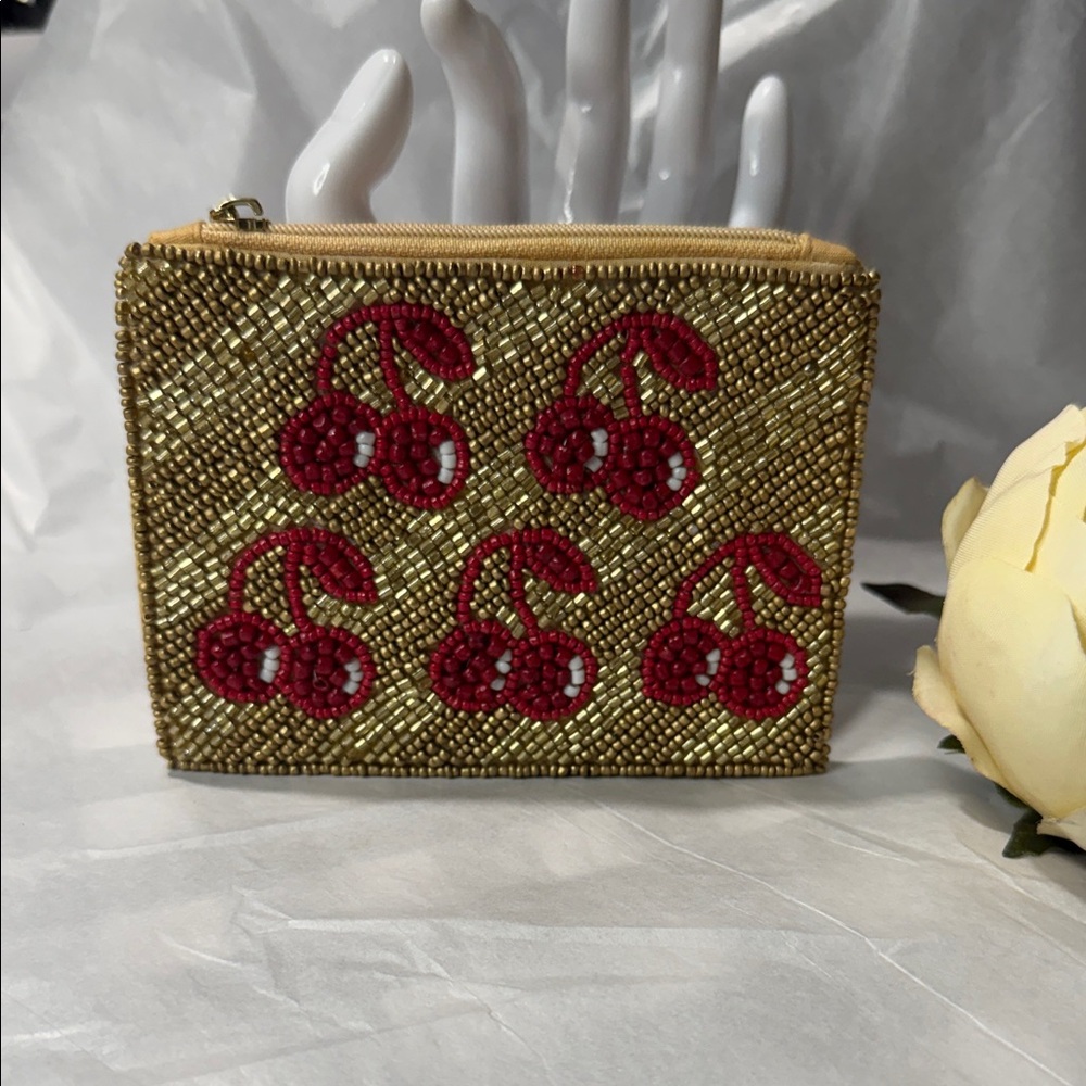 Gold Beaded Cosmetic Pouch with Red Cherry Motif